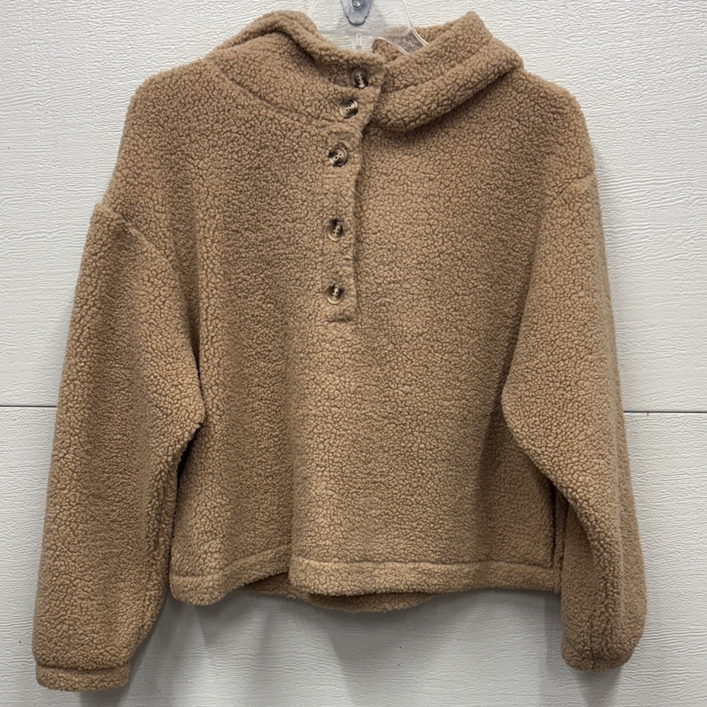New in Warm Tan Teddy hoodie Jacket with pockets size L